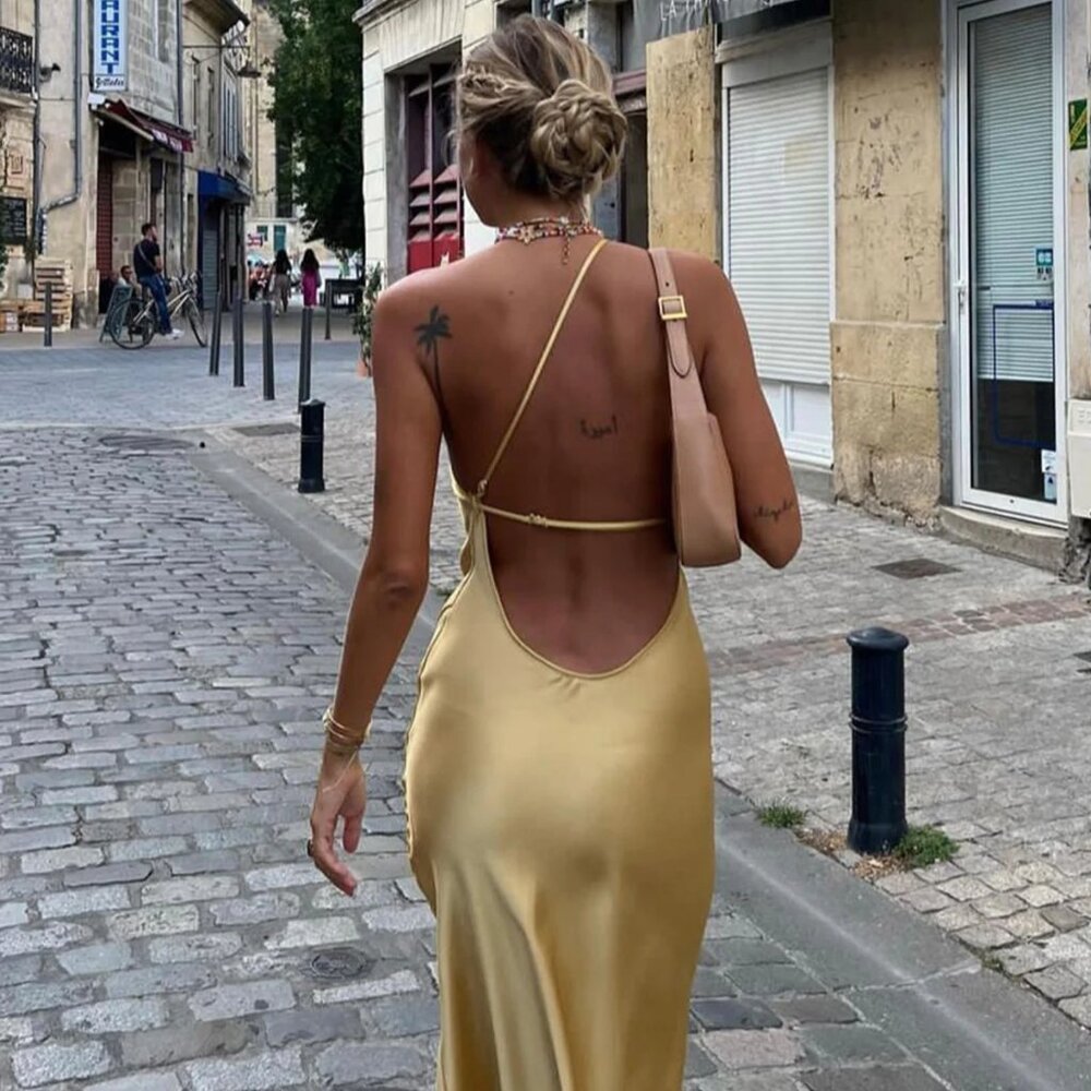 Commense Moonlight Open Back Satin Slit Long Dress - Yellow Size S
